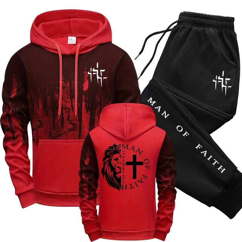 Man of Faith Pattern Men's Set - Winter Clothing Men 评论和价格